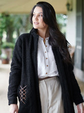 Load image into Gallery viewer, The Maestro Boucle Coat - Blk with Brwn leather detailing