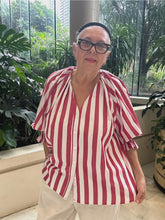 Load image into Gallery viewer, Red & White Striped Mandarin Neckline Blouse