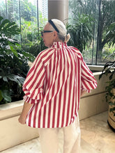 Load image into Gallery viewer, Red & White Striped Mandarin Neckline Blouse