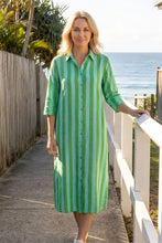 Load image into Gallery viewer, Sofia Shirt Dress - Green/Aqua Stripe