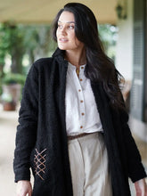 Load image into Gallery viewer, The Maestro Boucle Coat - Blk with Brwn leather detailing
