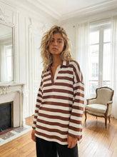 Load image into Gallery viewer, Stripe Polo Top - Chocolate &amp; White
