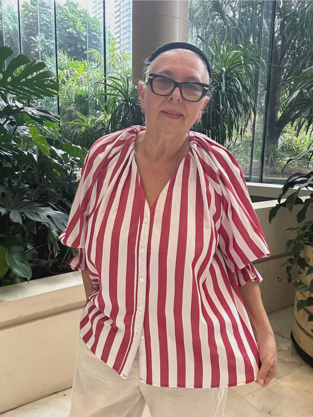 Red & White Striped Mandarin Neckline Blouse