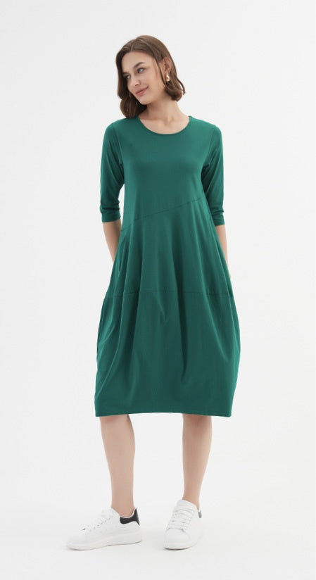 Diagonal Seam Dress 3/4 Sleeve - Emerald