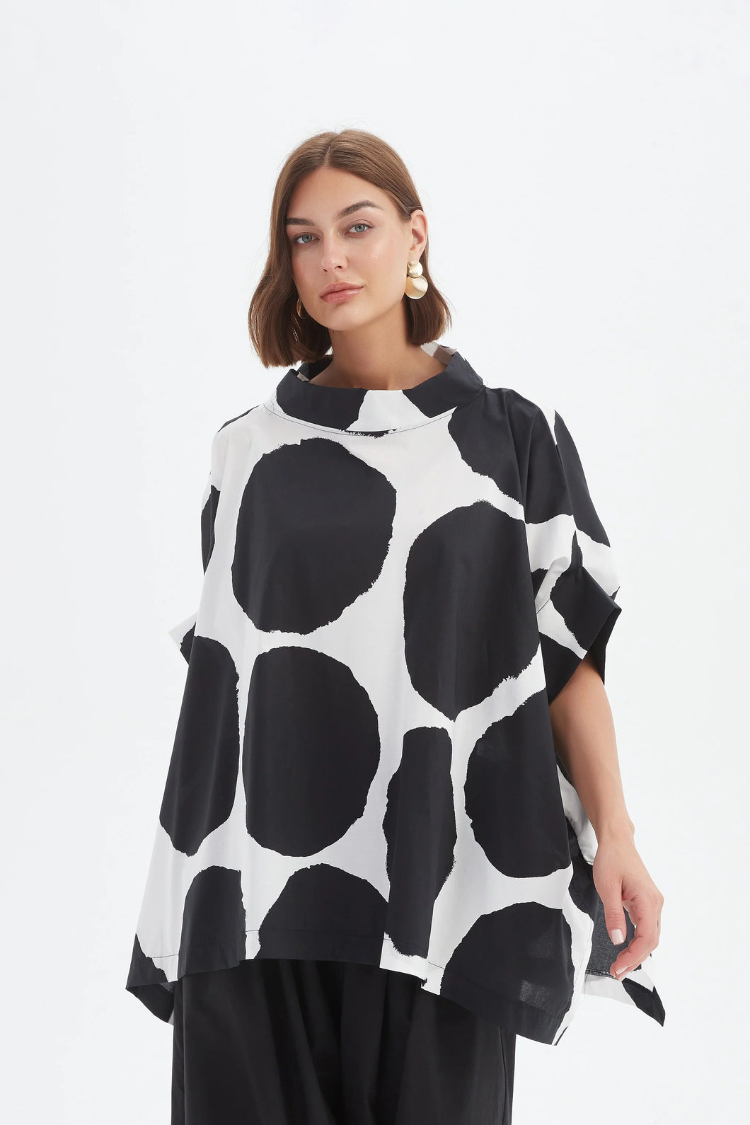 Structured Neck Print Tunic - Black/White Spot