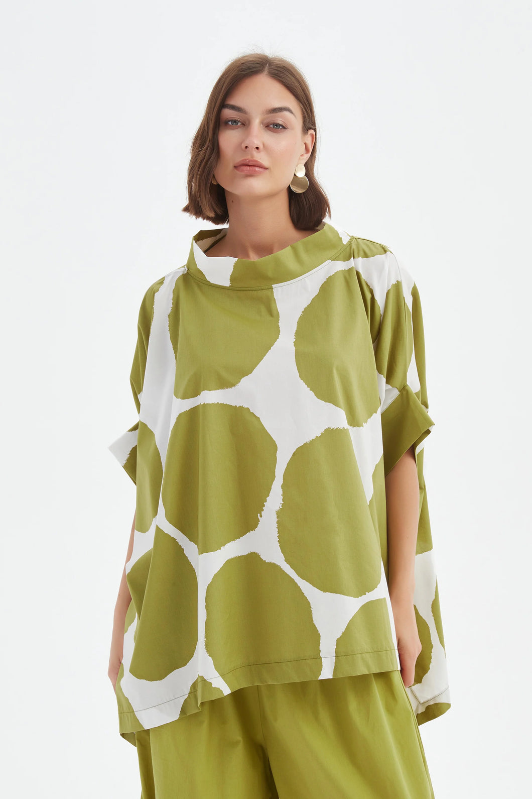 Structured Neck Print Tunic -Chartreuse/White Spot