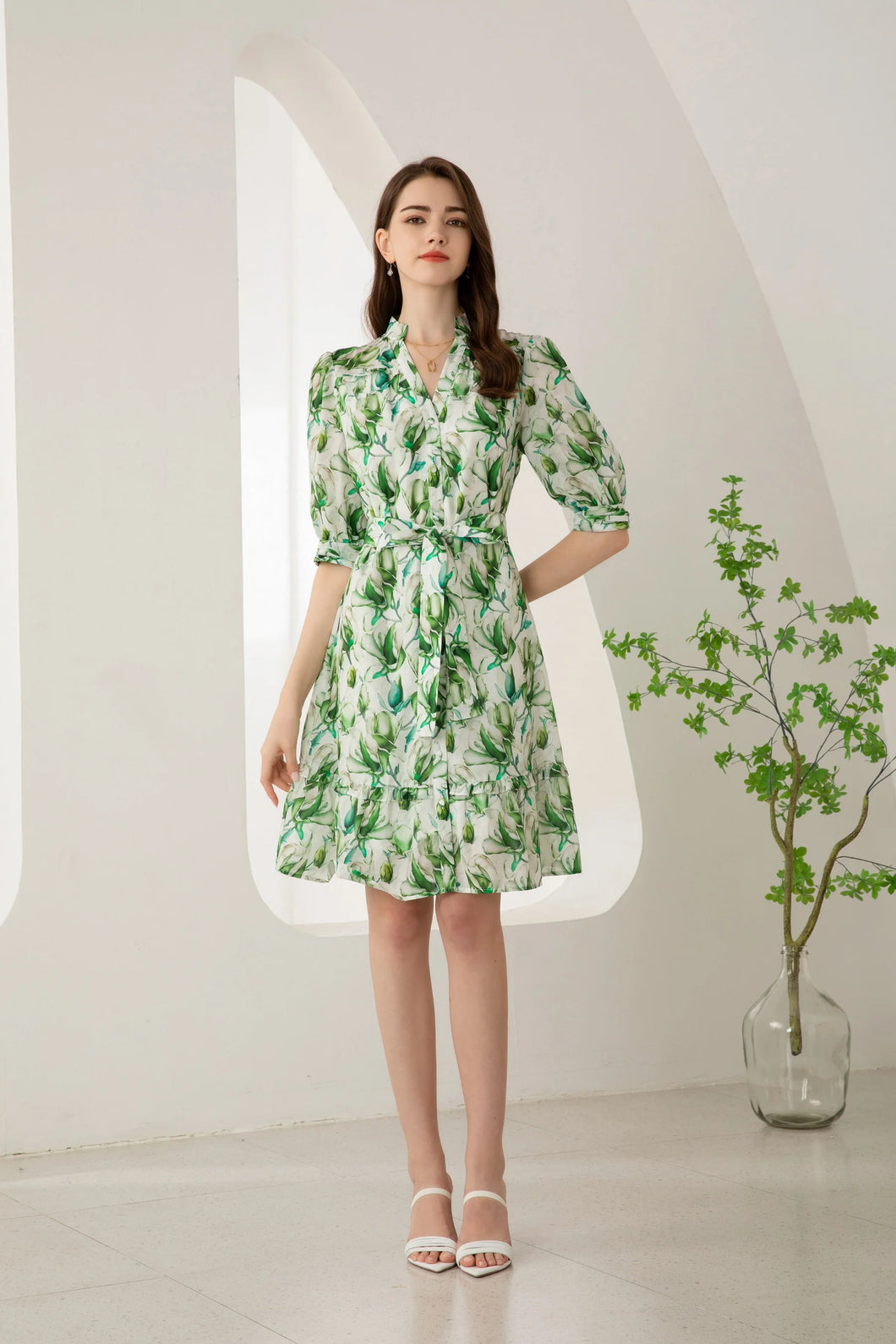 Risette Short Silk Dress - Green Print