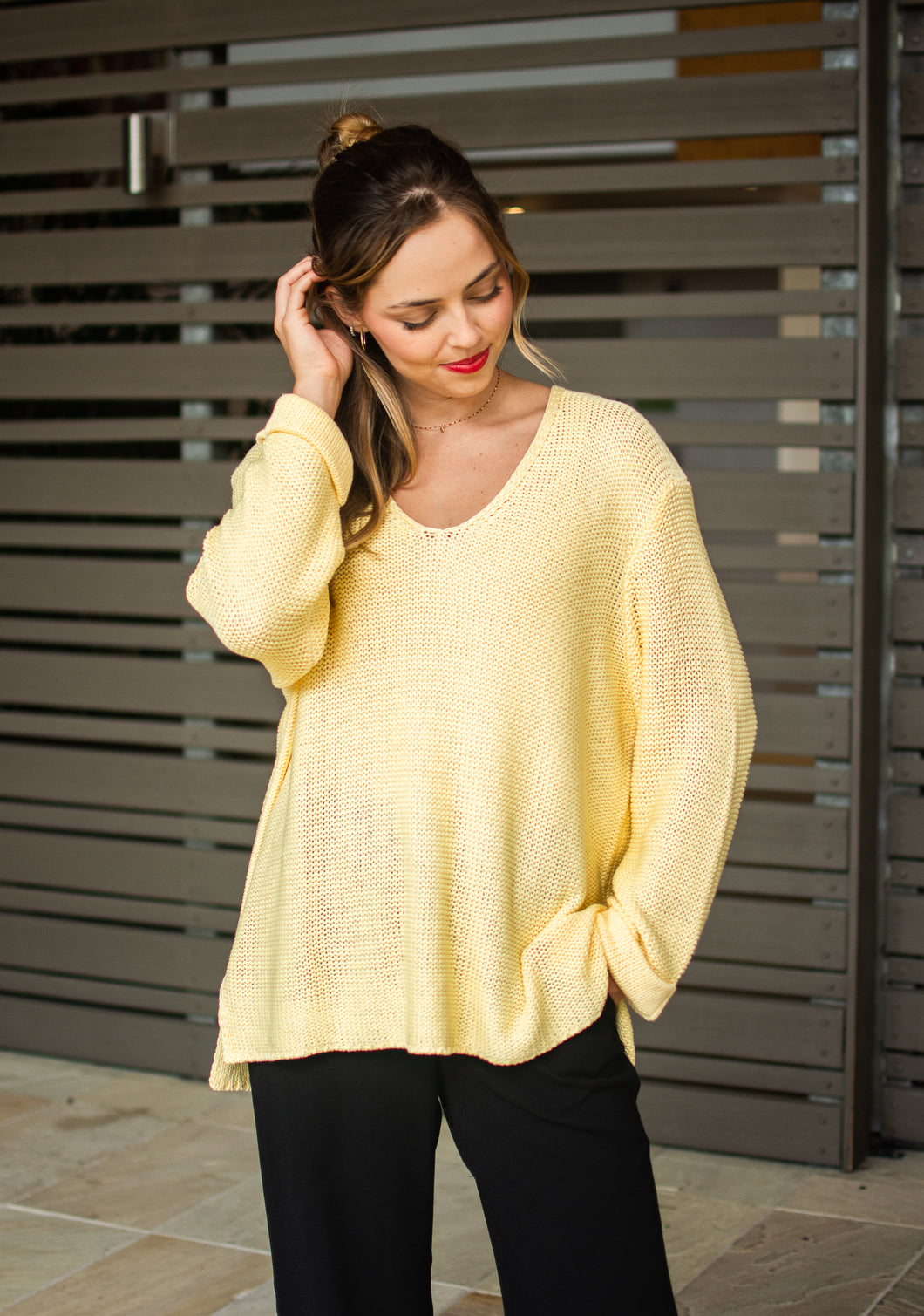 Roll Up Knit Sleeve Top - Baby Yellow