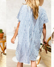 Load image into Gallery viewer, Cotton Striped  Short Sleeve Beach Dress - Blue
