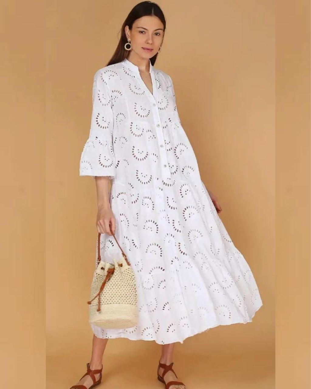 Cotton Eyelet Embroidery Bell Sleeve Midi Dress – White