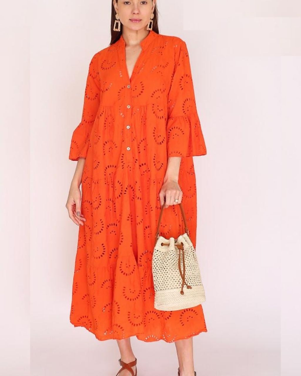 Cotton Eyelet Embroidery Bell Sleeve Midi Dress - Rust