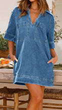 Load image into Gallery viewer, Collared Pocket Short Sleeve Denim Dress
