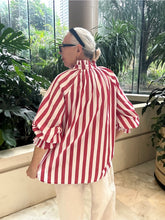 Load image into Gallery viewer, Red &amp; White Striped Mandarin Neckline Blouse
